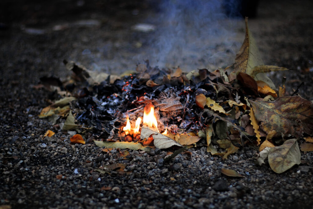 trash-heap-of-dry-leaves-are-burned-with-fire-and-smoke